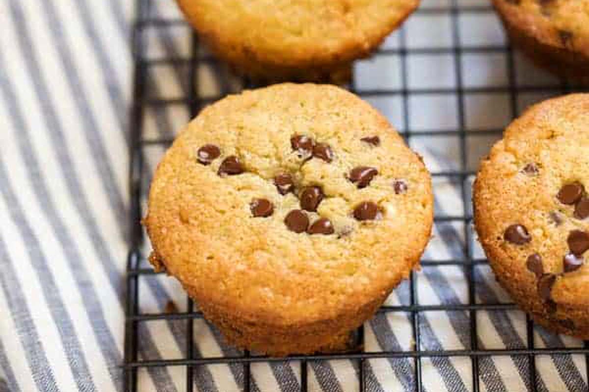 Banana chocolate chip muffins on a tray.