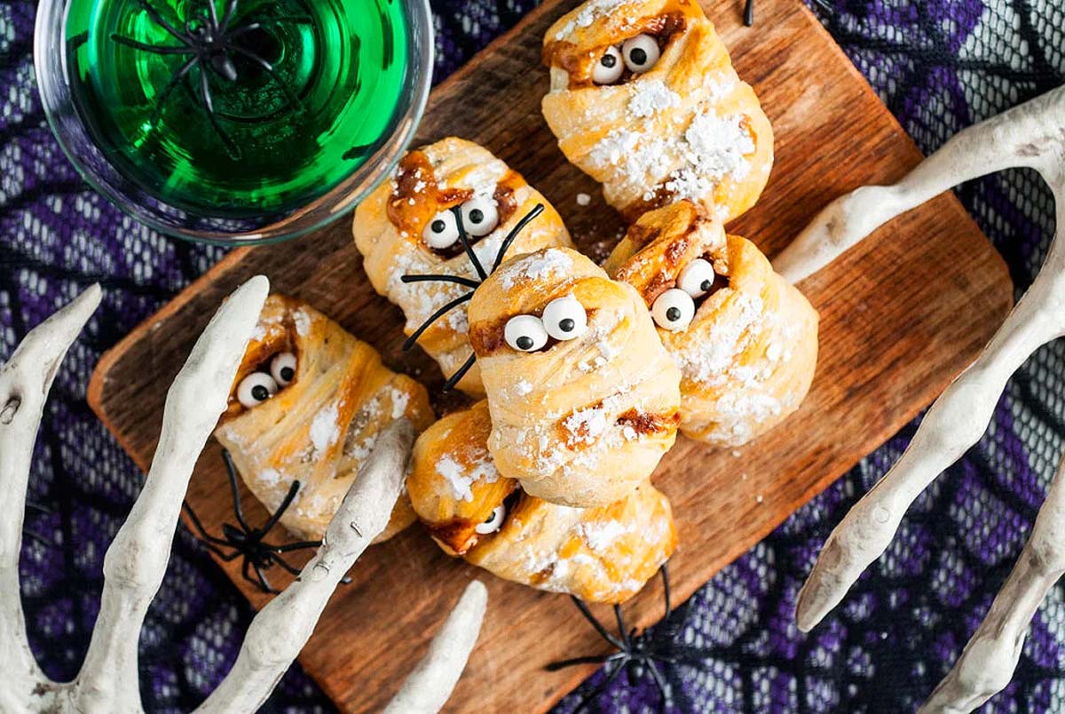 Halloween party treats made with Snickers and Pillsbury dough.