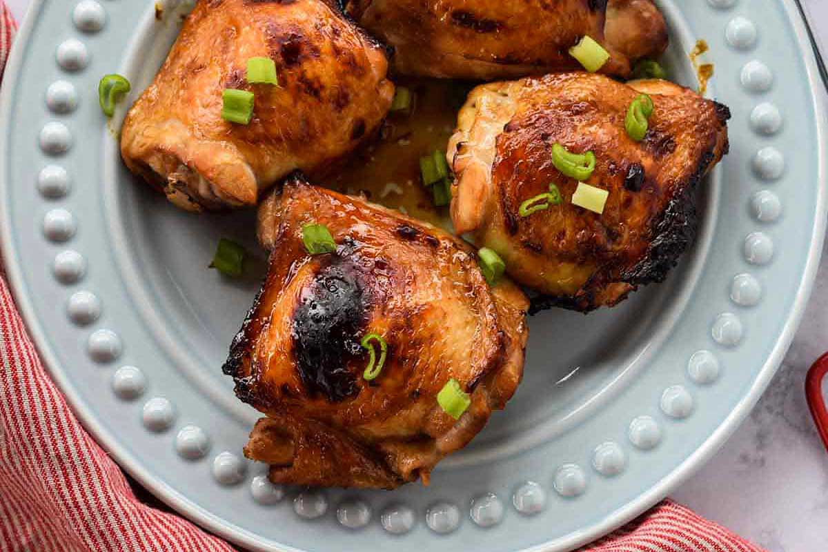 Soy Glazed Chicken Thighs on a plate.