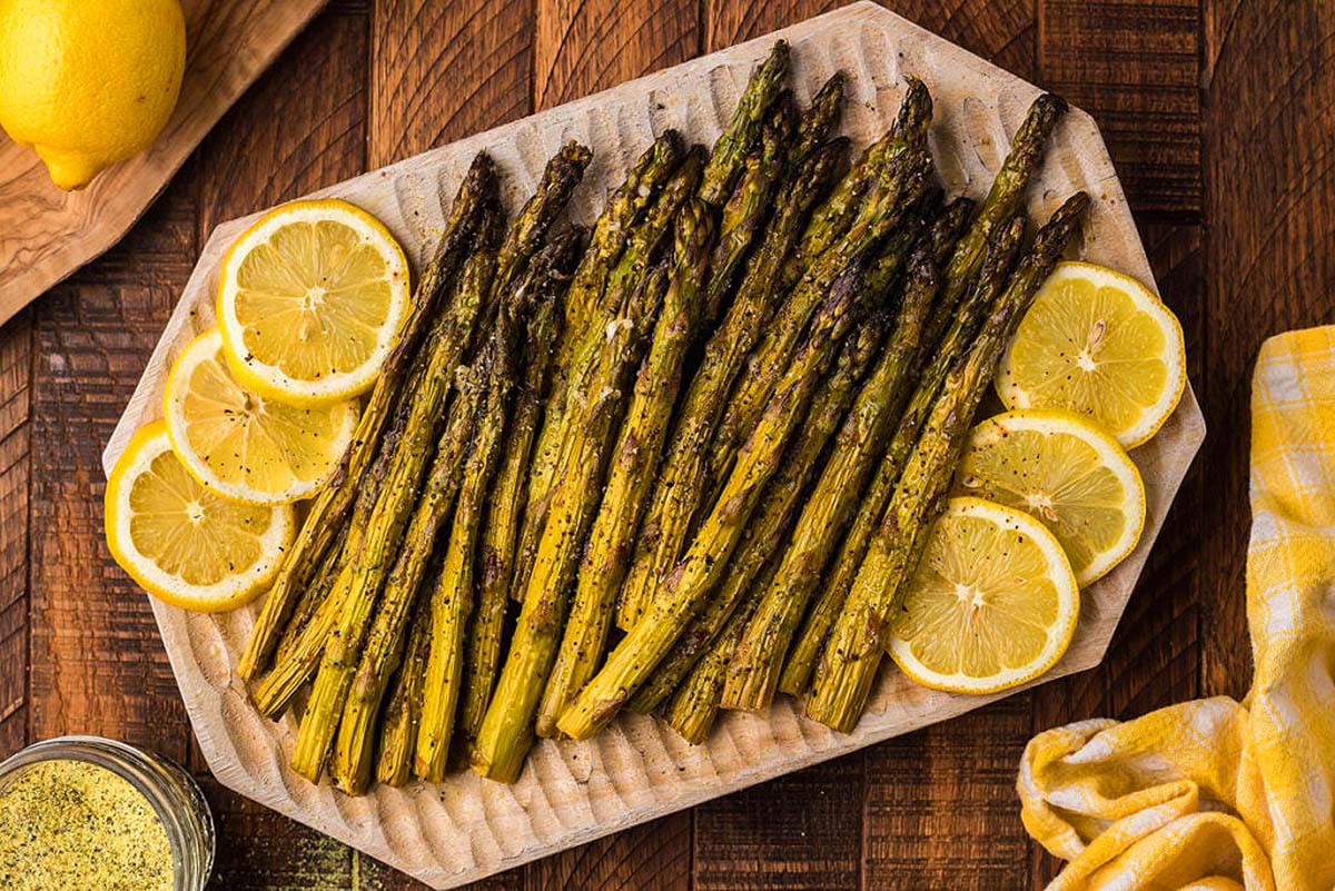 Smoked asparagus on a platter.