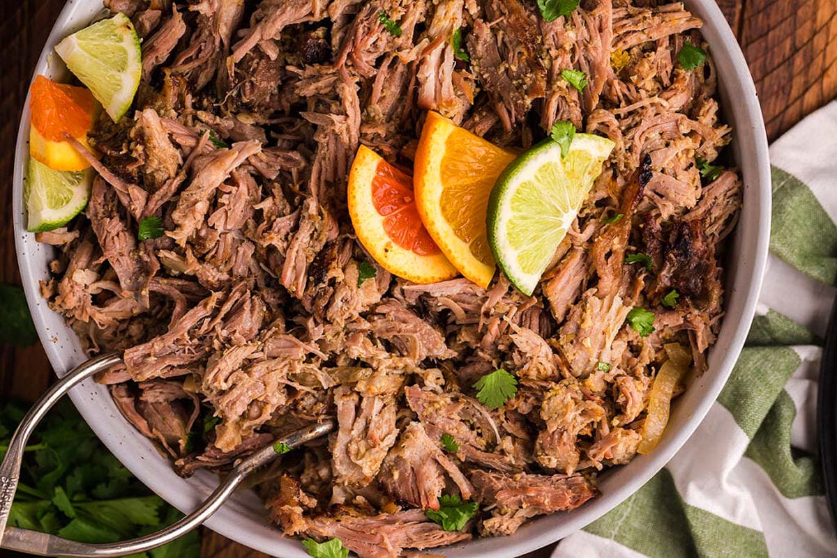 Overhead view of a large bowl of smoked pulled pork. This is one of the best smoker recipes.