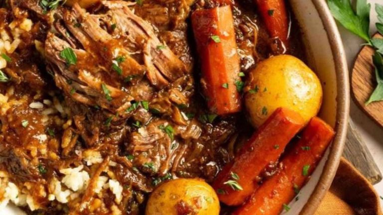 southern braised pot roast with carrots and potatoes.
