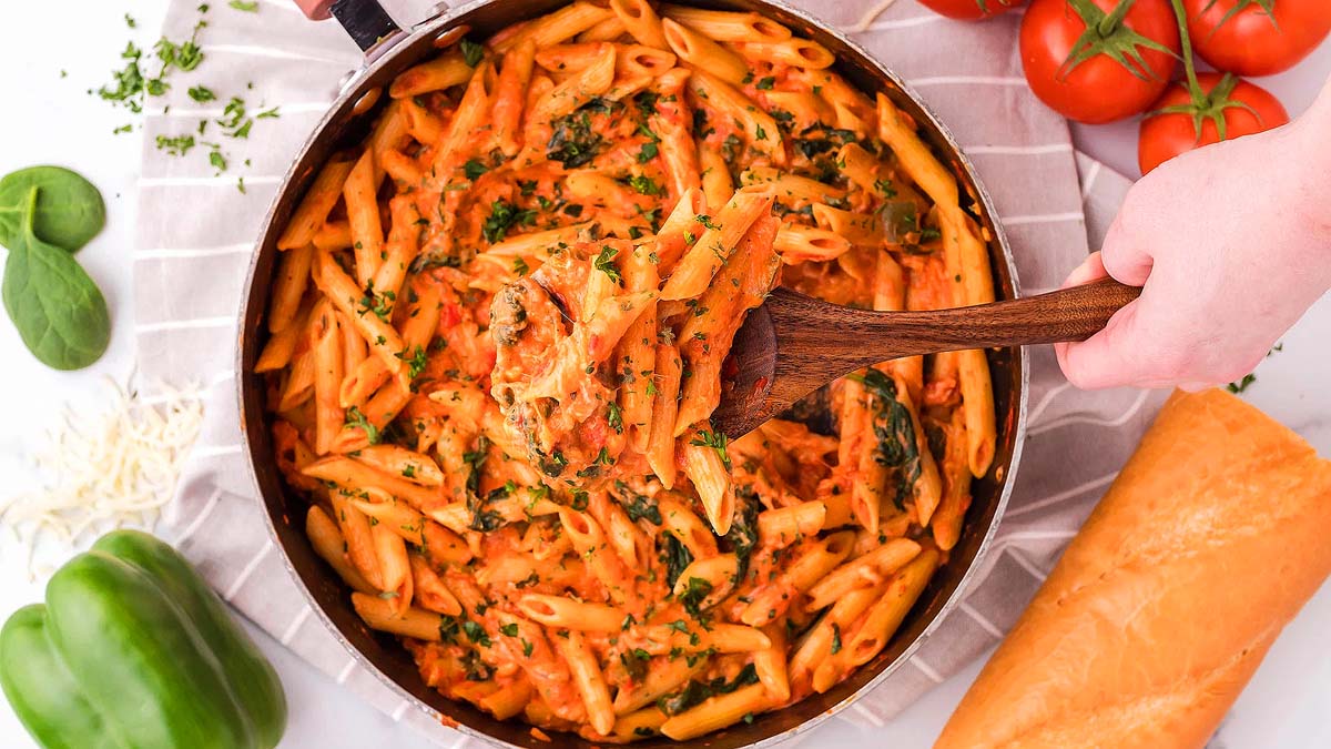 A penne dish in a rosa sauce.