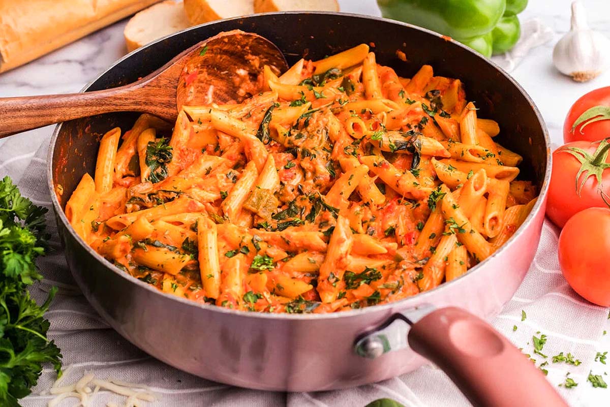 A penne dish in a rosa sauce.