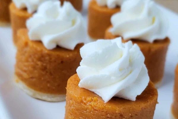 Mini pumpkin cheesecakes topped with whipped cream.