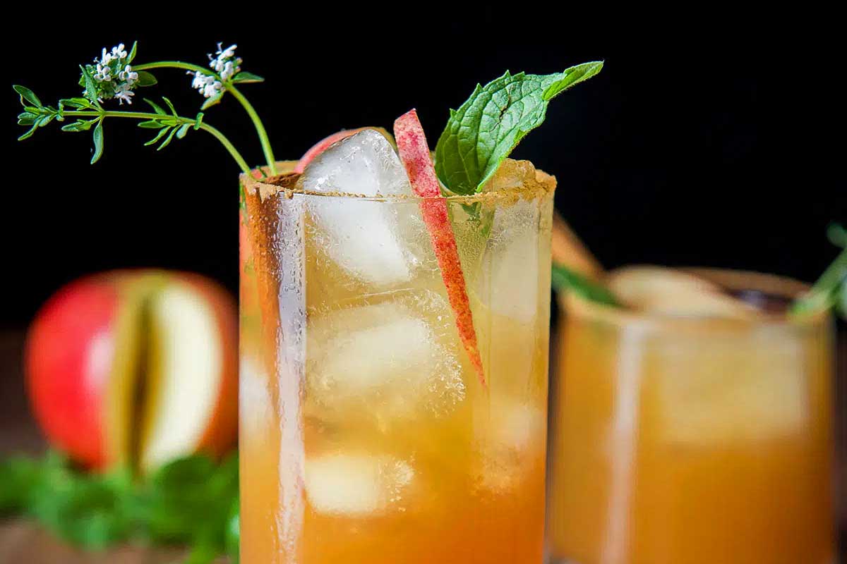 A fall cocktail with apple slices and mint leaves.