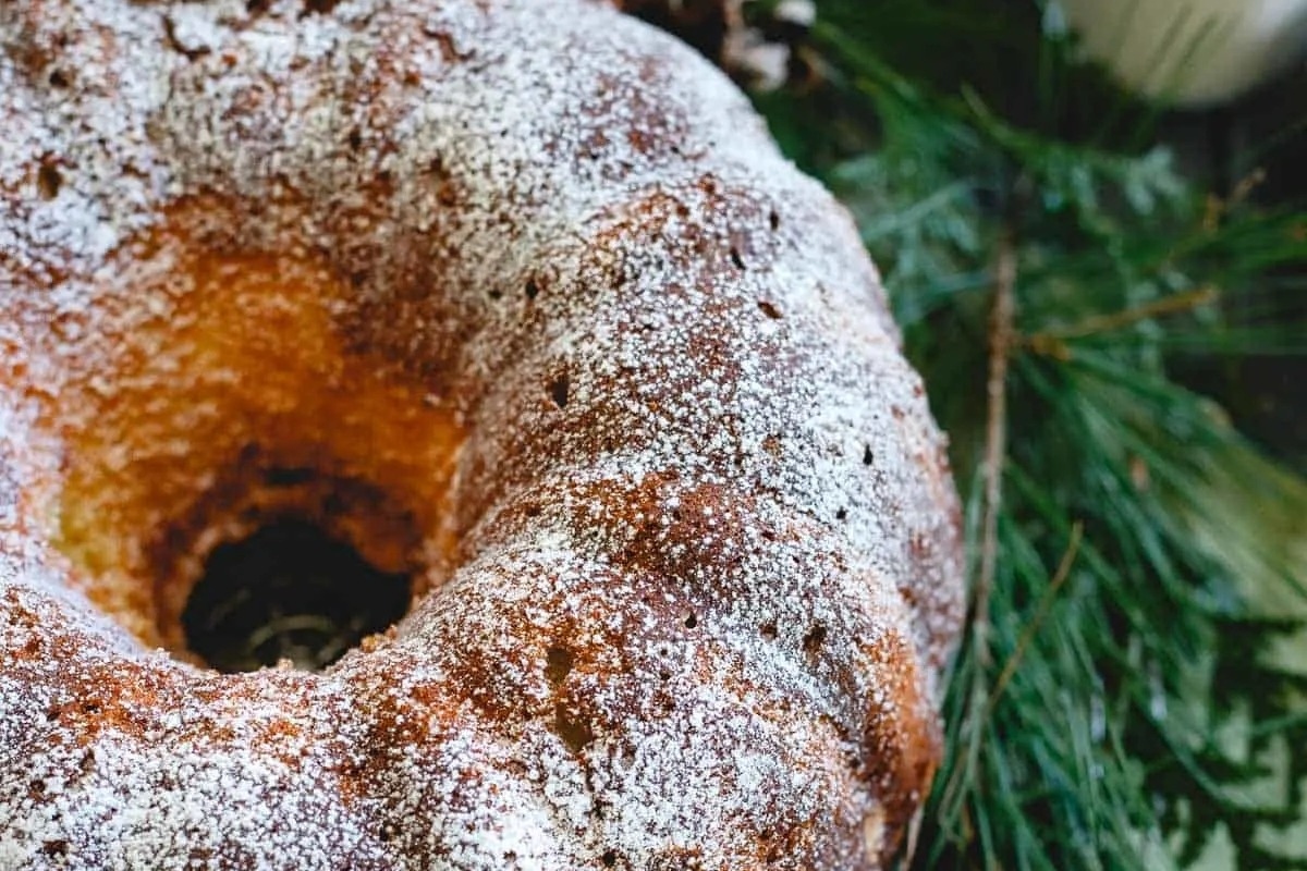 A bundt cake with a dusting of powdered sugar on top.