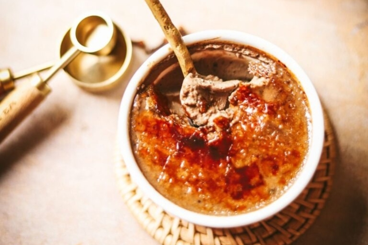 A decadent bowl of chocolate creme brulee, perfect for indulging during Thanksgiving.