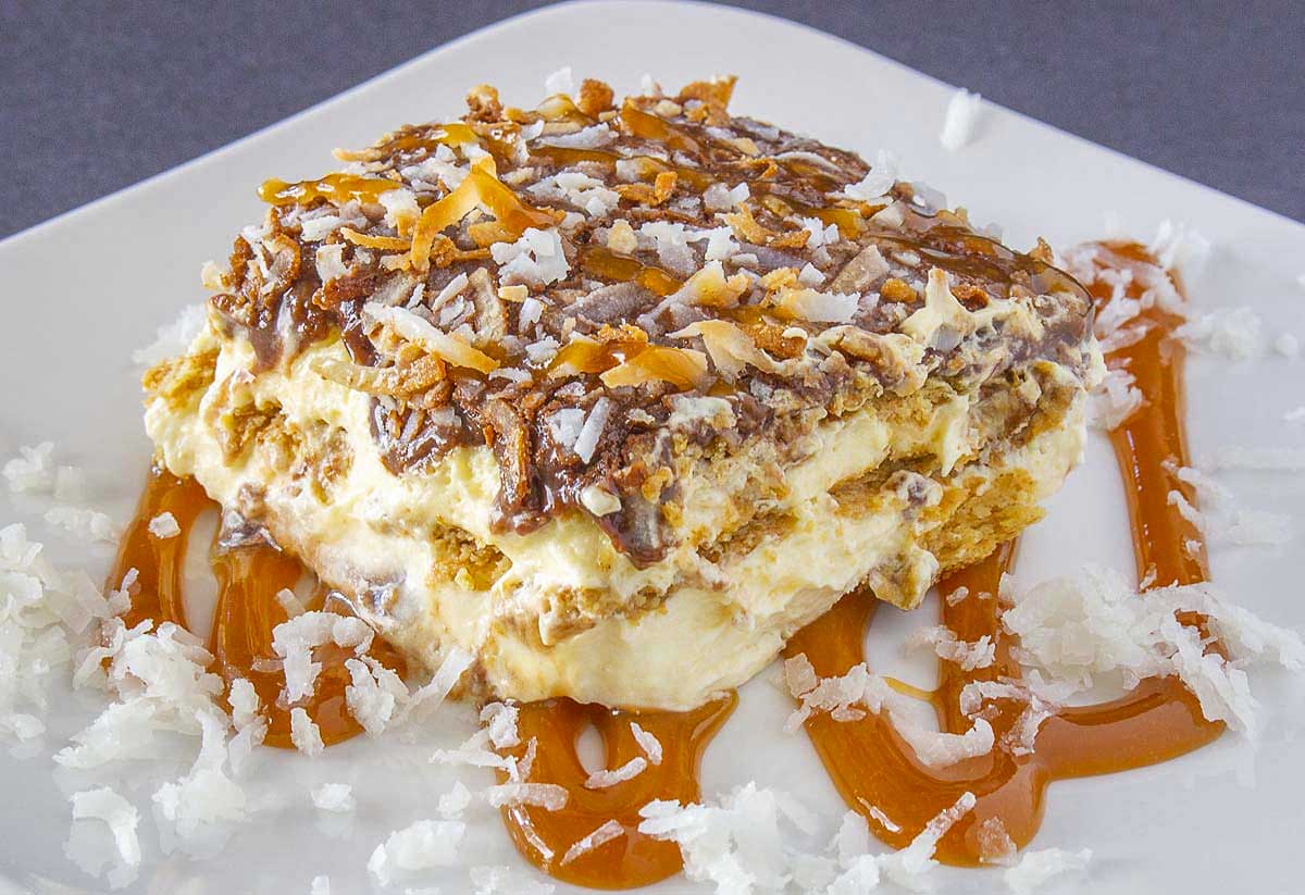A piece of ice cream with caramel and coconut on a plate.