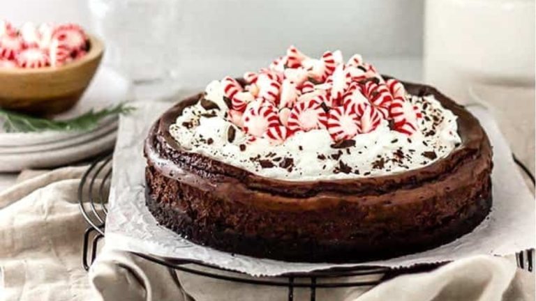 Chocolate peppermint cheesecake with whipped cream and candy canes.
