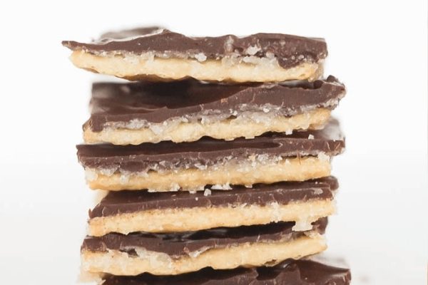 A stack of chocolate covered crackers on a white background.