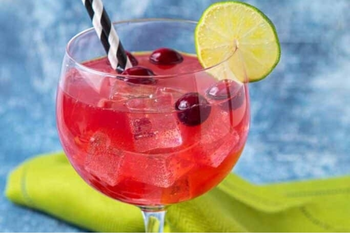 Christmas cranberry margarita with lime and ice.