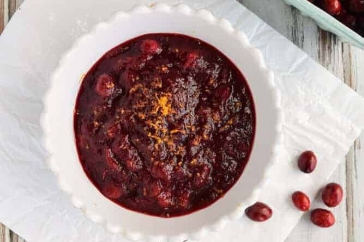 Delicious cranberry sauce in a white bowl.