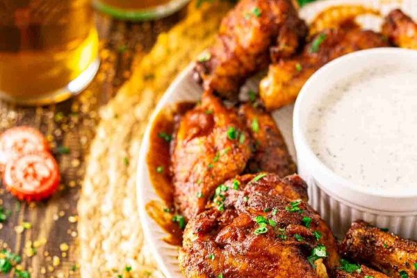 Game Day BBQ chicken wings on a plate with dipping sauce.