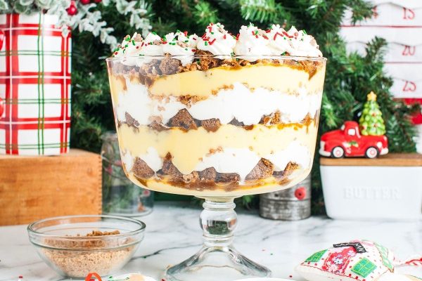 A traditional Christmas trifle served in a glass bowl.