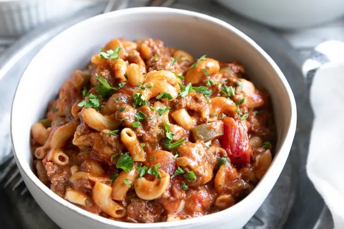 A comforting winter dinner of pasta with meat and vegetables.