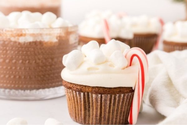 Celebrate Christmas with these heavenly hot chocolate cupcakes topped with marshmallows and candy canes.