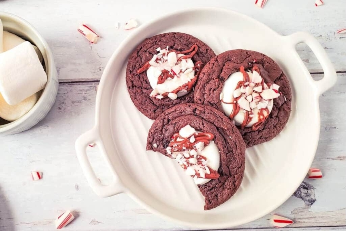 Candy cane chocolate peppermint cookies with whipped cream.