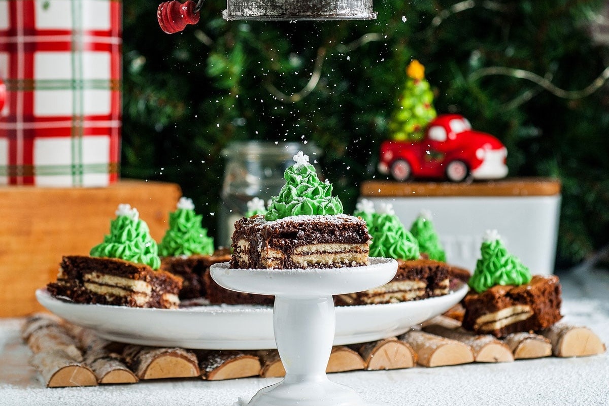 A plate of traditional Christmas desserts with a christmas tree on top.