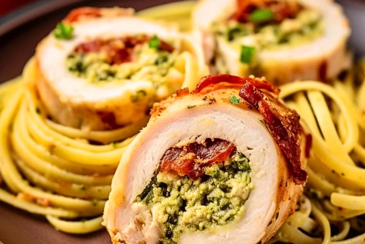 Chicken stuffed with pesto and spinach on a plate, perfect for those craving delicious Pesto Recipes.
