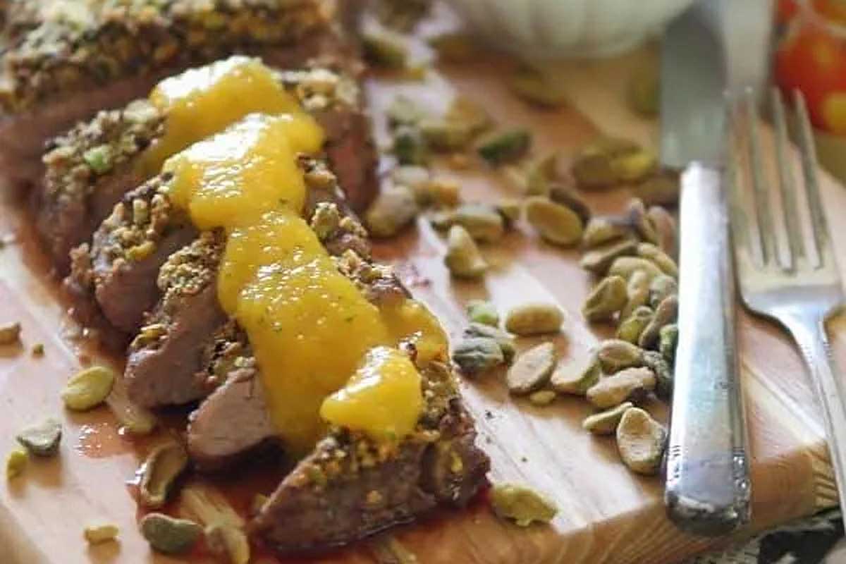 Pistachio crusted flank steak with peach puree