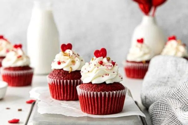 Red velvet Valentine's day cupcakes.