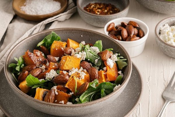 A bowl of sweet potato salad with almonds and greens.