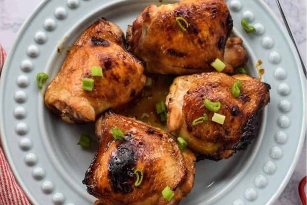 Grilled chicken on a plate with green onions.