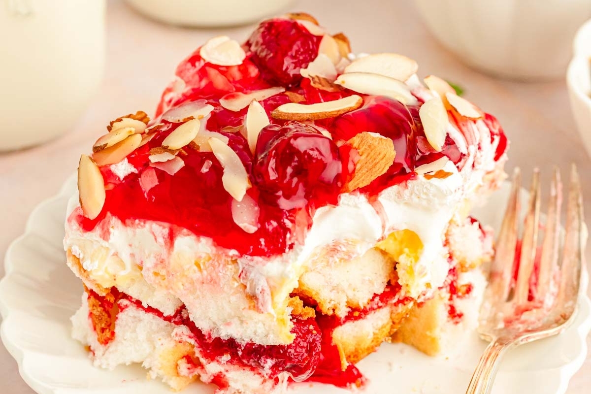 A slice of cherry ice cream cake, perfect for Christmas celebrations.