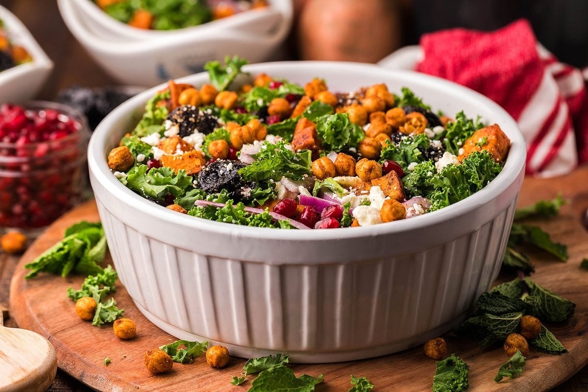 Chickpea salad with pomegranate and kale is a colorful and refreshing dish perfect for Christmas gatherings.