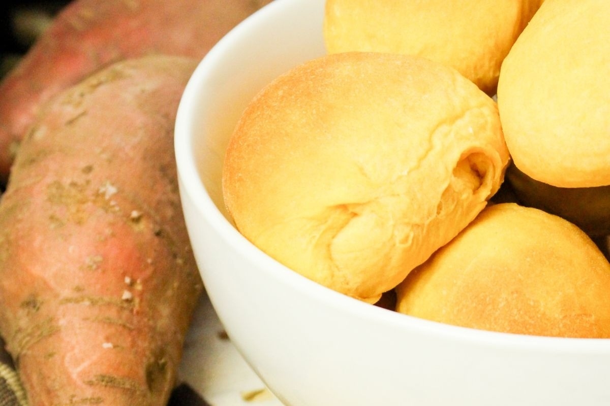 Delicious sweet potato rolls served in a bread basket.