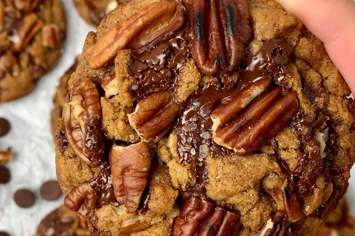 A hand holding a pecan-filled cookie.