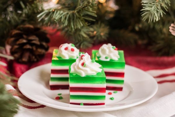 Three jello recipes for Christmas on a plate.
