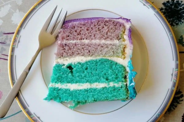 A slice of purple and blue cake on a plate.