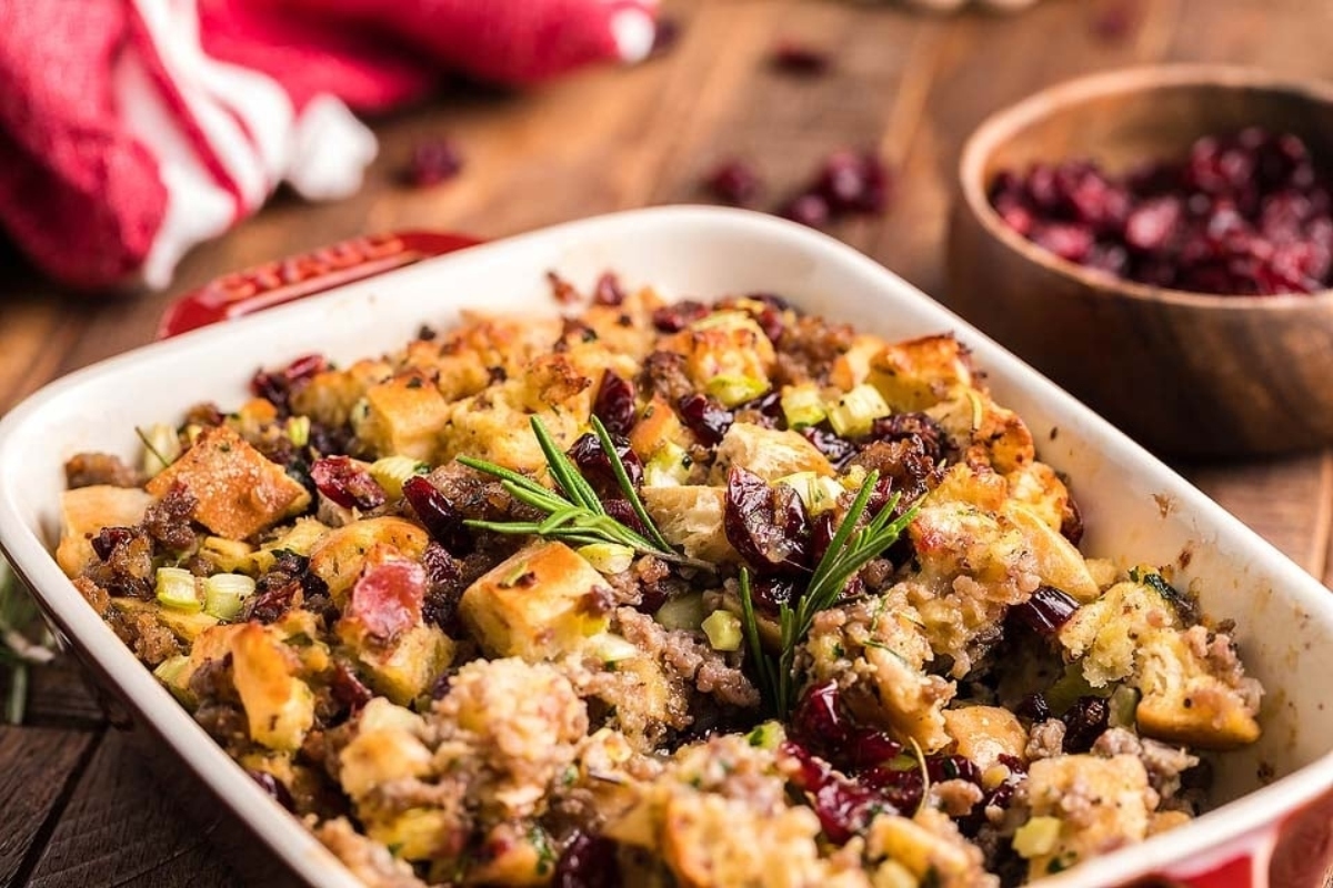 A Winter casserole dish with stuffing and cranberries.