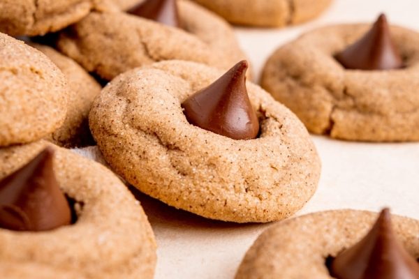 Almond butter cookies with chocolate kisses on top.