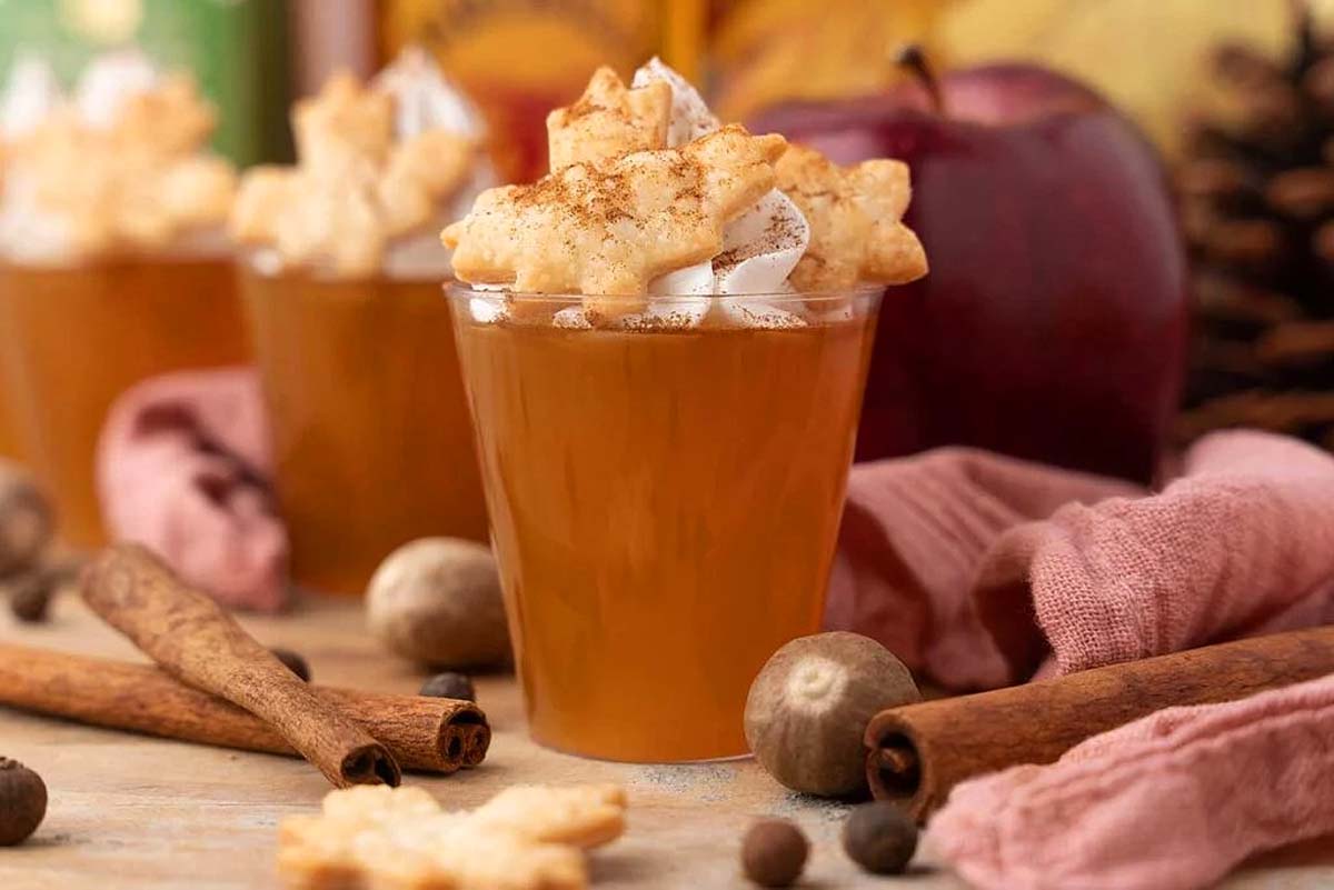 A festive Thanksgiving cocktail, featuring a cup of warm apple cider infused with cinnamon sticks and topped with a dollop of whipped cream.
