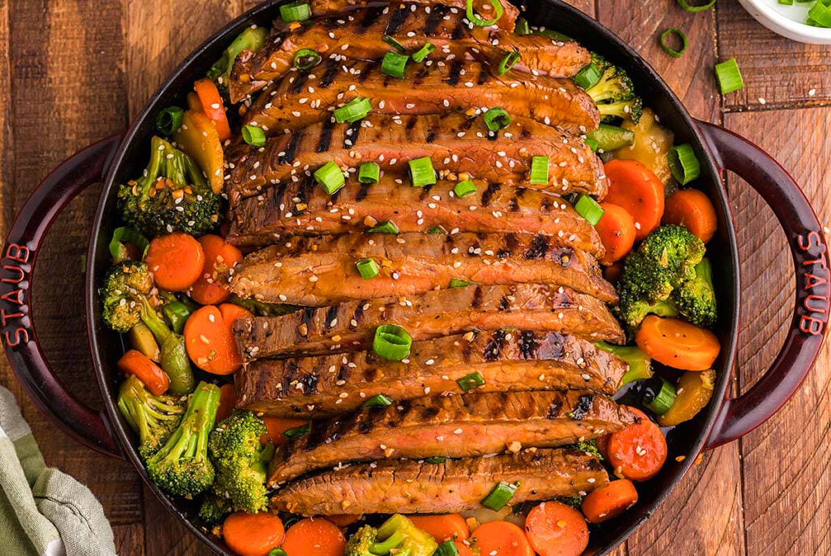 A skillet full of vegetables and steak on a wooden table.