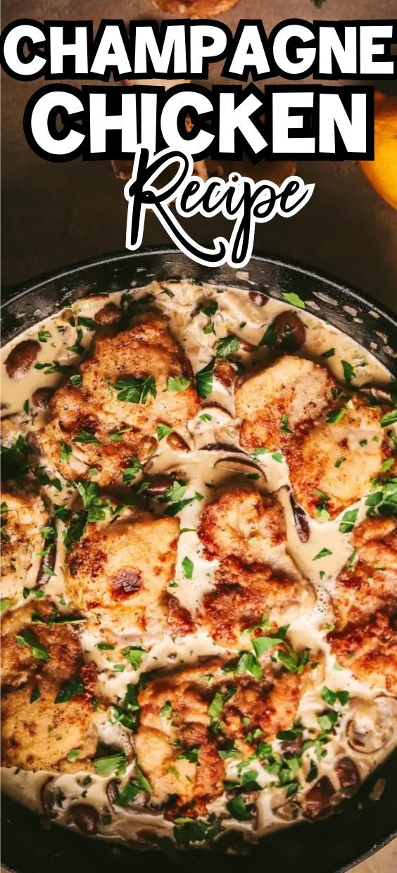 This champagne chicken recipe is fancy enough for entertaining but easy to make on a weeknight. And it’s delicious enough to make everyone want the recipe. With gorgeous dry champagne, mushrooms, cream, and fresh herbs, it’s packed with flavor.