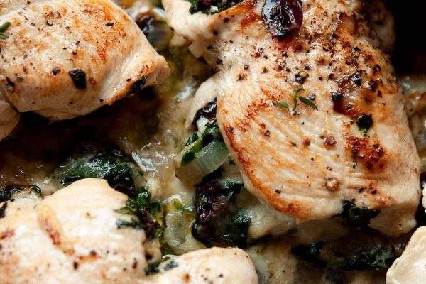 Chicken breasts with sage and spinach in a skillet paired with brie recipes.