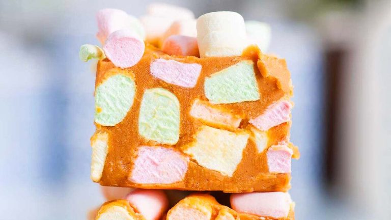 A stack of marshmallow fudge stacked on top of each other, perfect for indulging in delicious Canadian recipes.