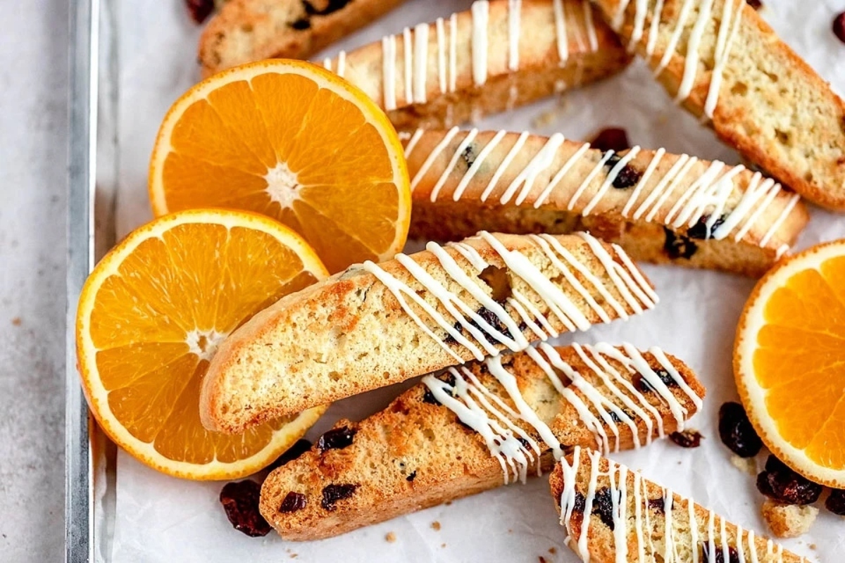 Holiday biscotti on a baking sheet.