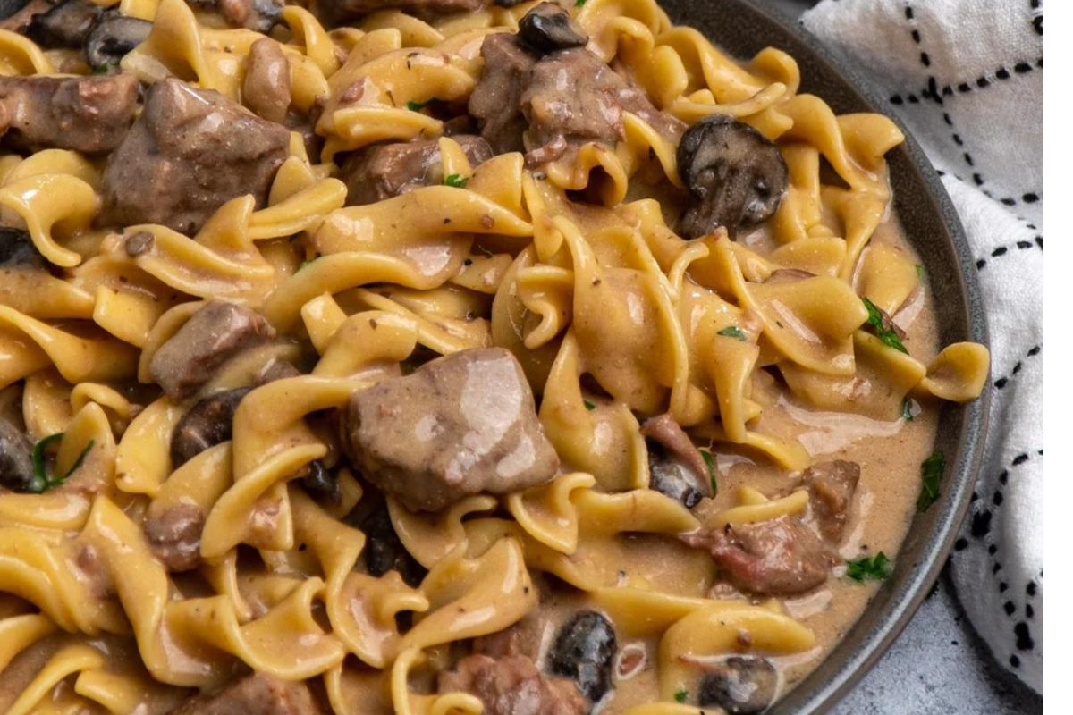 Crockpot beef stroganoff with noodles and mushrooms.