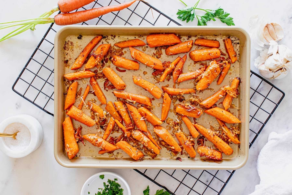 Thanksgiving roasted carrots on a sheet pan.