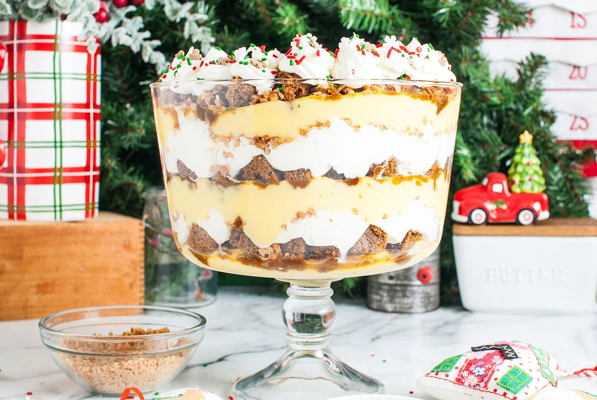 A delightful Christmas trifle served in a beautiful glass bowl.