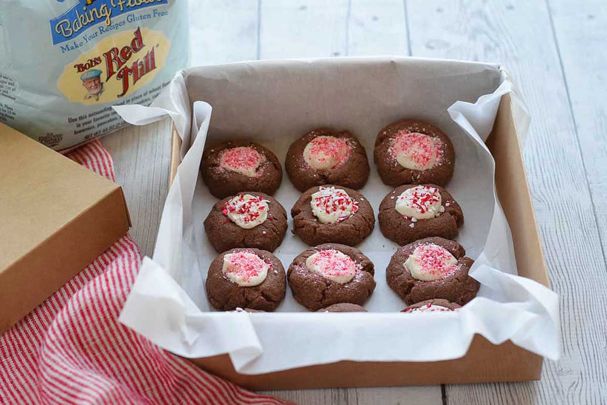 Chocolate Thumbprint Cookies in a box.