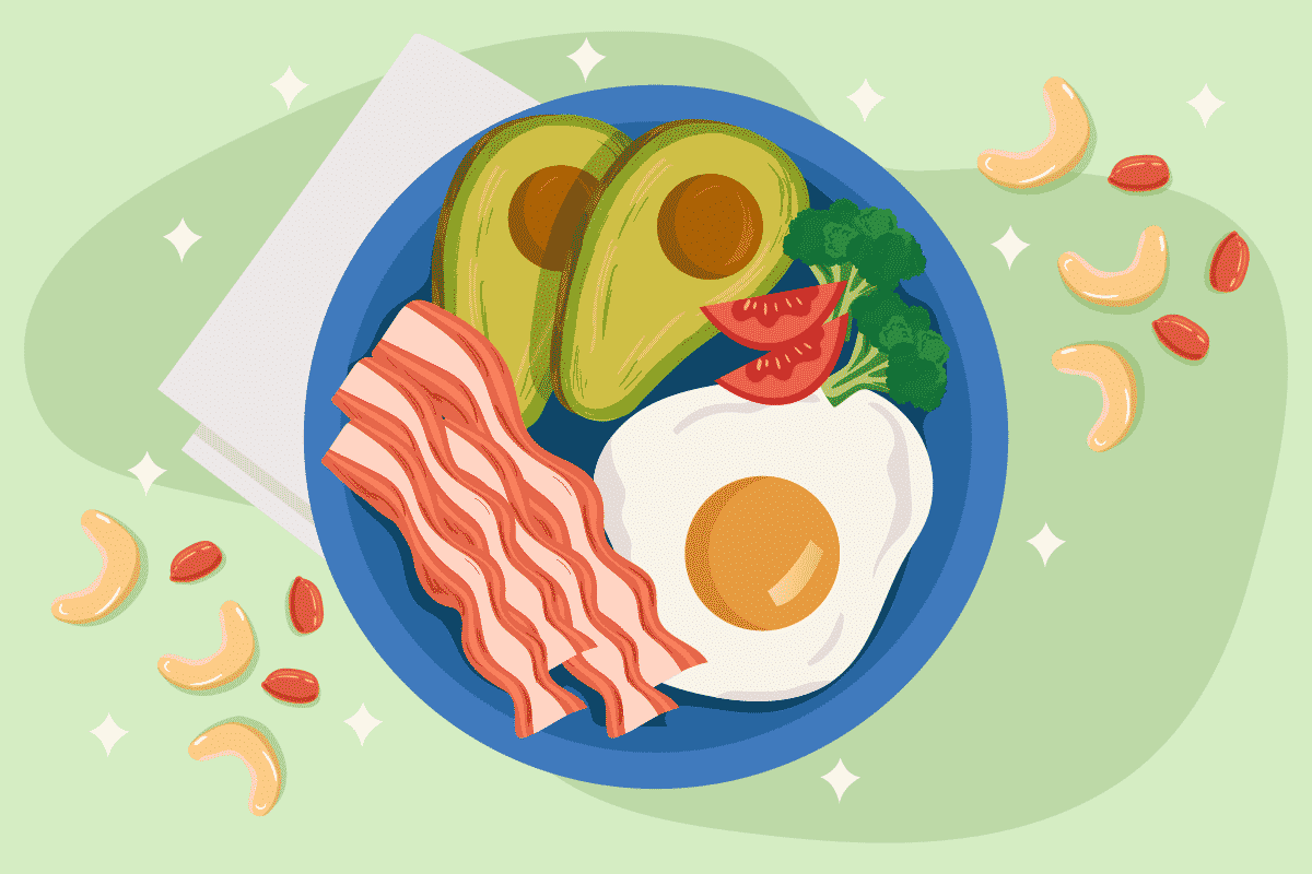 An animation of a breakfast plate with eggs, avocado, tomatoes, and cashews.