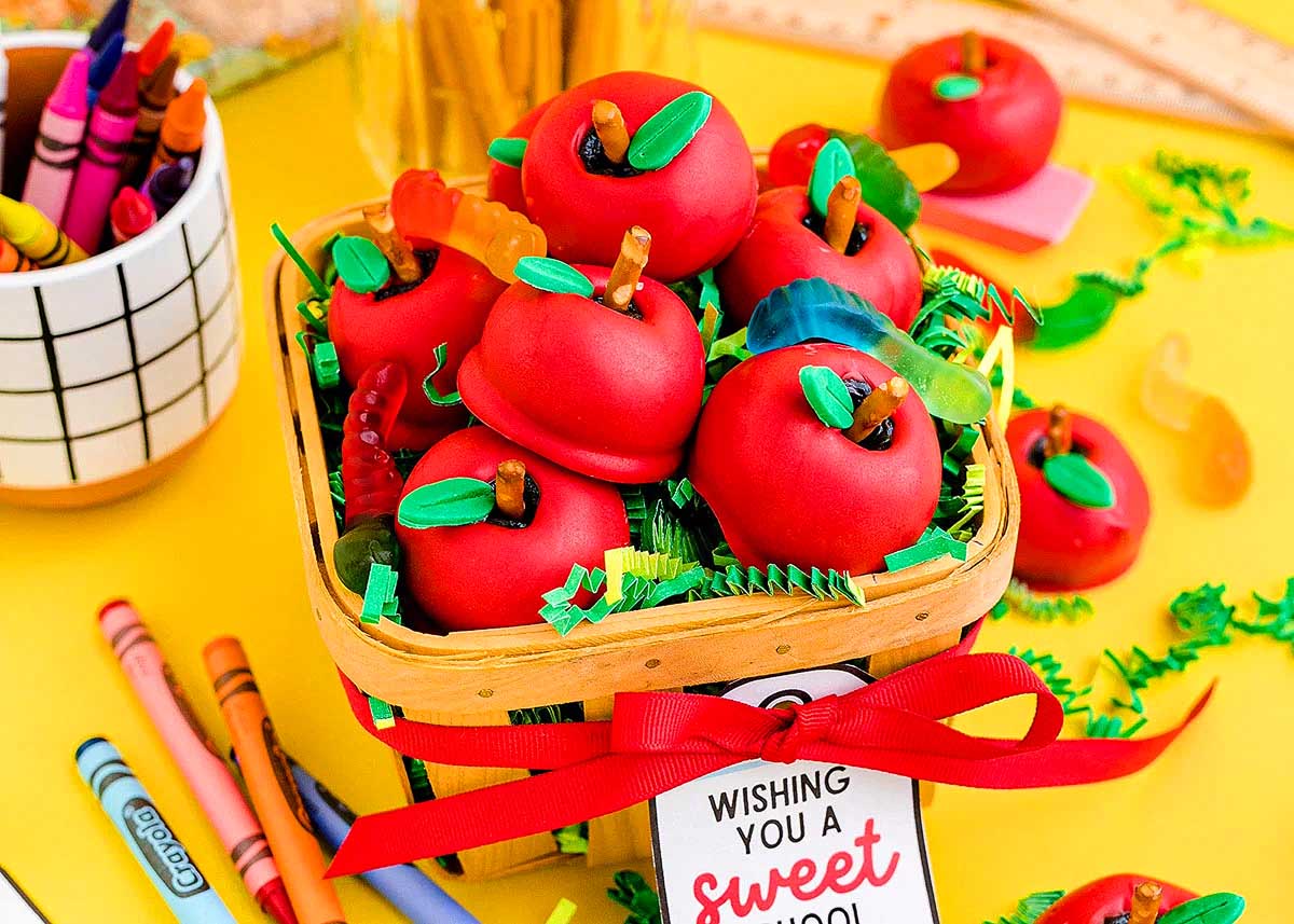 Colorful apples in a basket with markers and crayons.
Keywords used: Oreo.