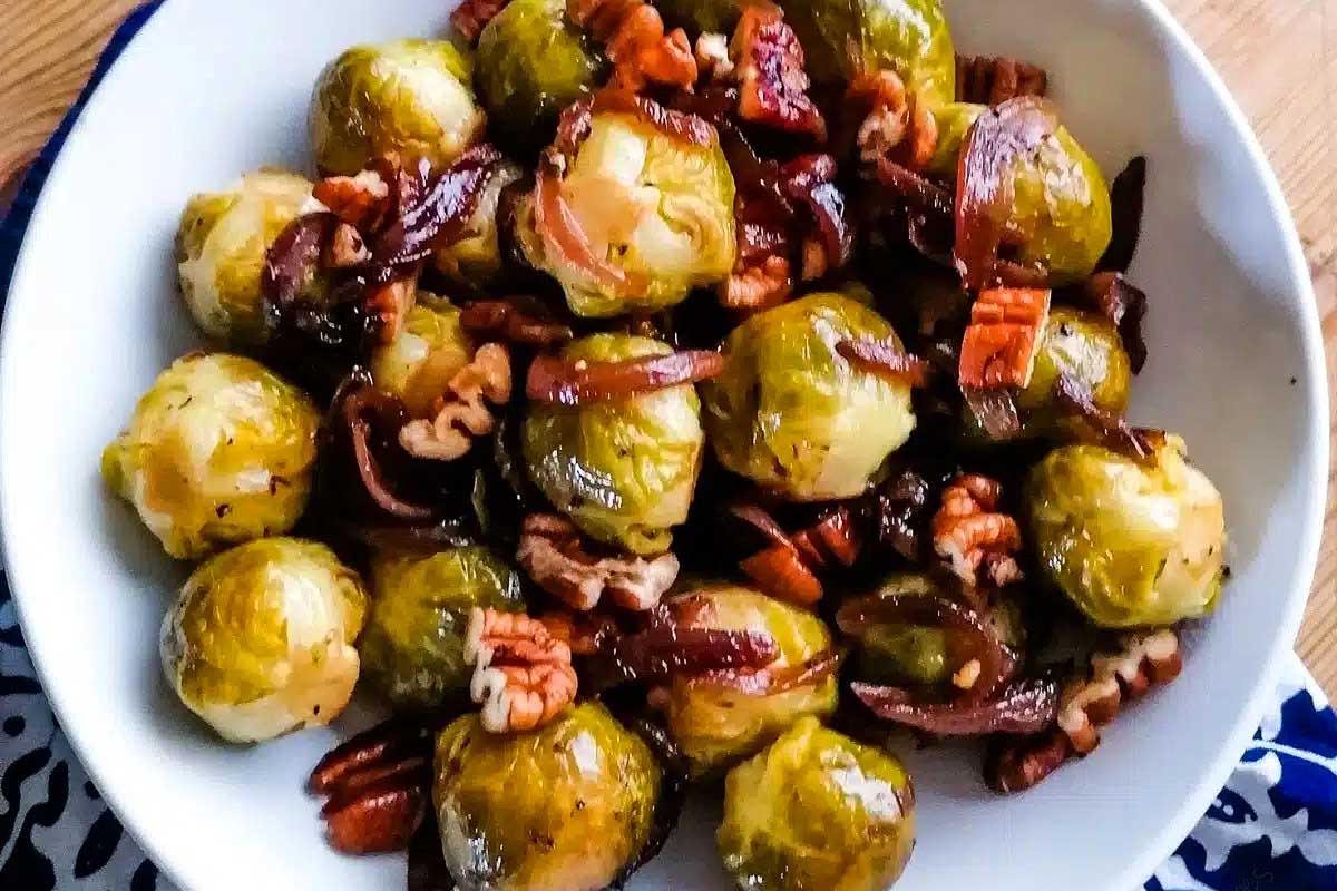 Roasted brussels sprouts with pecans and onions.