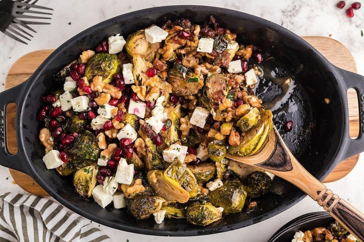 Recipe for Roasted Brussels Sprouts with Pomegranate in a Skillet.